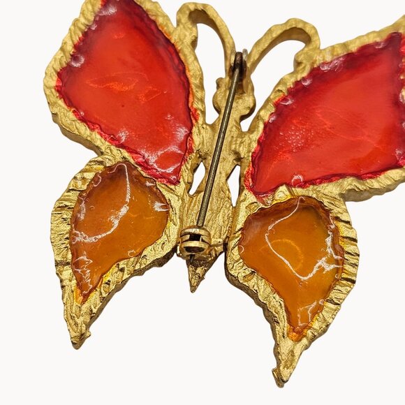 Vtg Red Amber Butterfly Brooch Pin Resin Wings Gold Tone Stained Glass Style - Picture 6 of 8